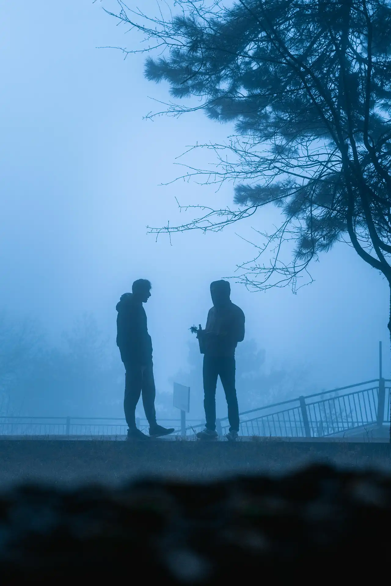 Two silhouettes standing together in a misty blue fog